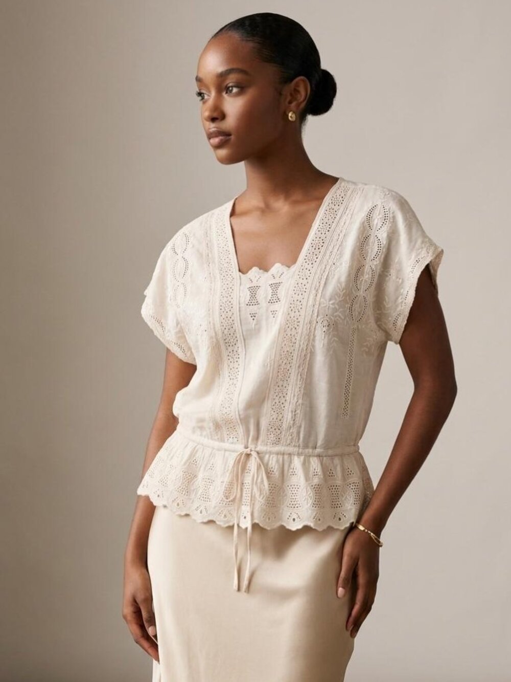 Zara Woman Ivory Eyelet Lace Boho Peasant Blouse Butterfly Sleeve